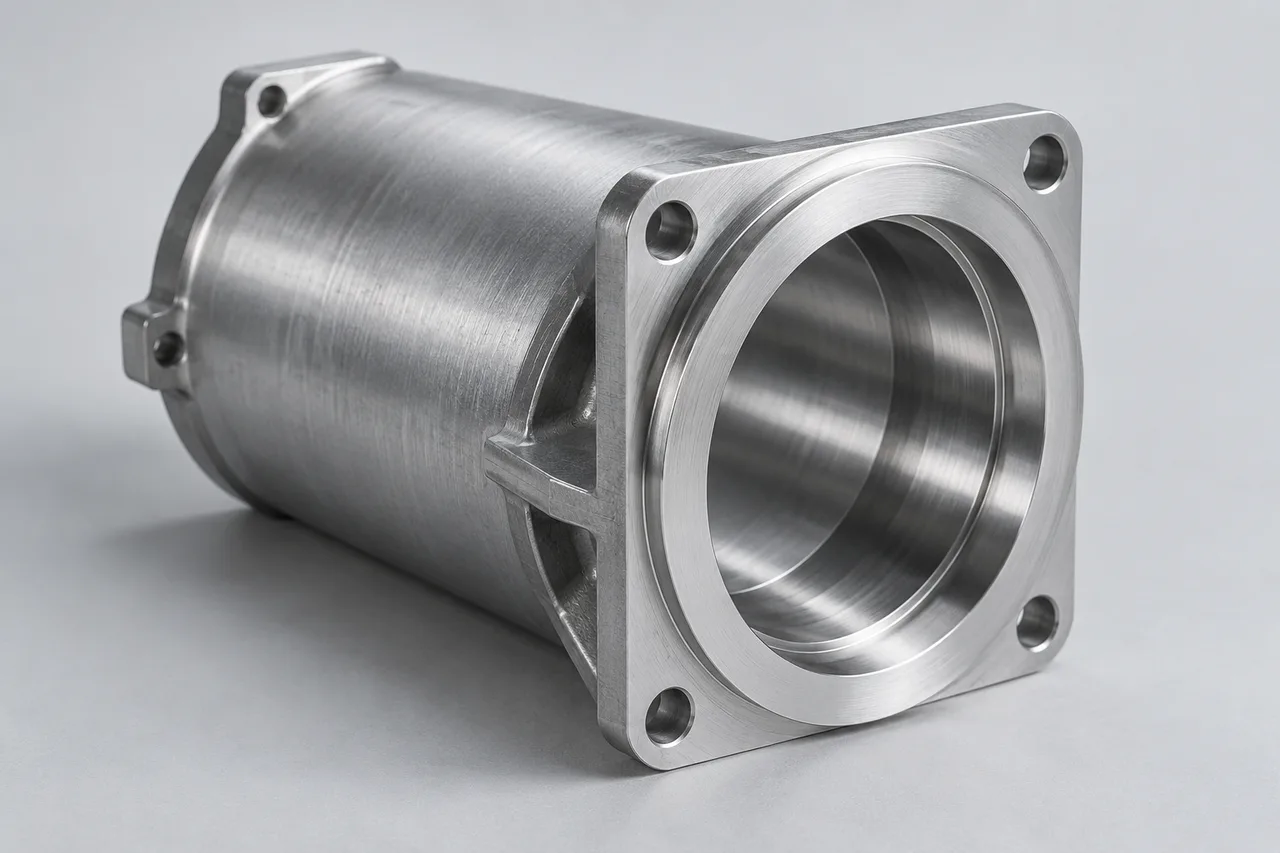 Illustration of an aluminium housing with a circular opening and mounting flange